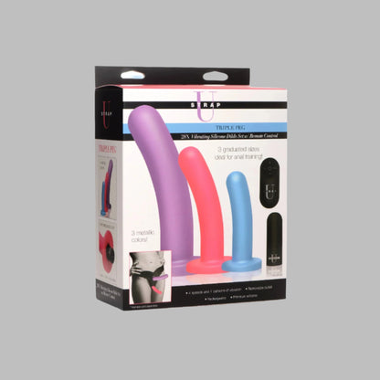 Triple Peg 28X Vibrating Silicone Dildo Set w- Remote