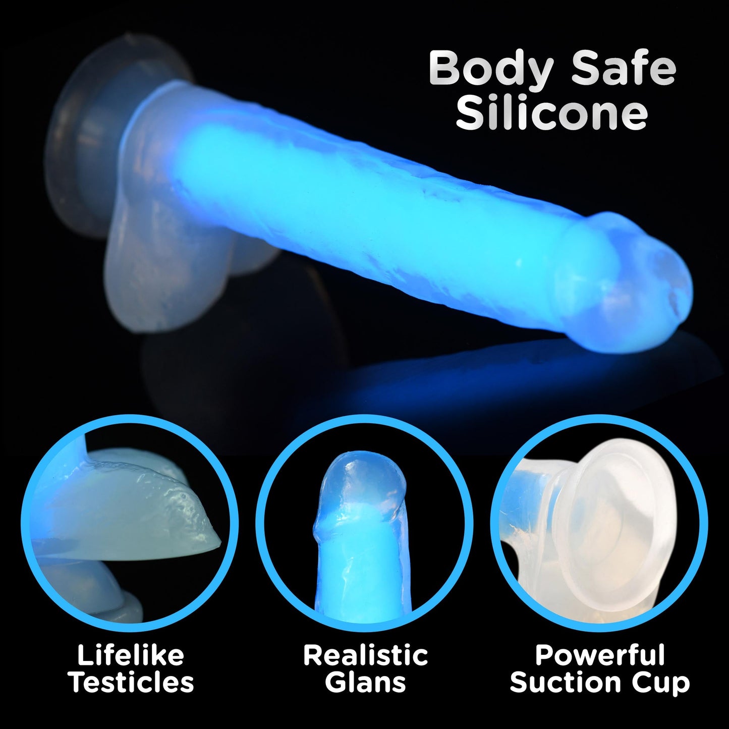 7" Glow-in-the-Dark Silicone Dildo Blue- with Balls