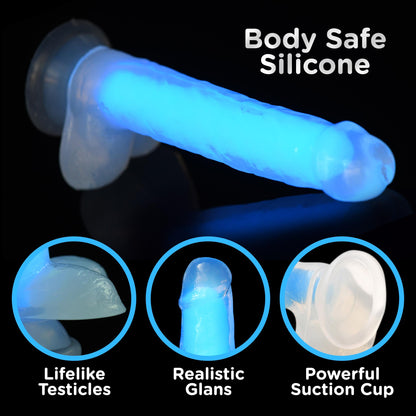 7" Glow-in-the-Dark Silicone Dildo Blue- with Balls